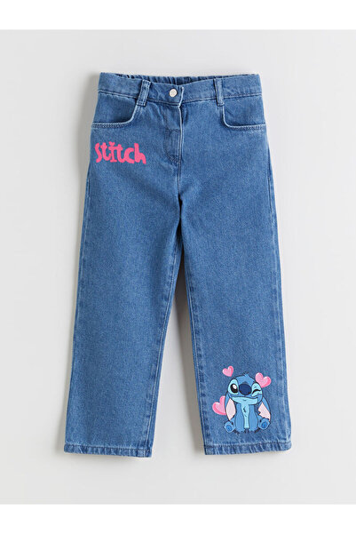 LC Waikiki Blue Elastic Waist Stitch Printed Girls' Jeans