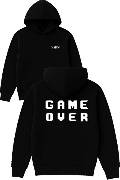 VSRN تصميم نص gameover مطبوع قصة فضفاضة سويت شيرت أسود بغطاء رأس
