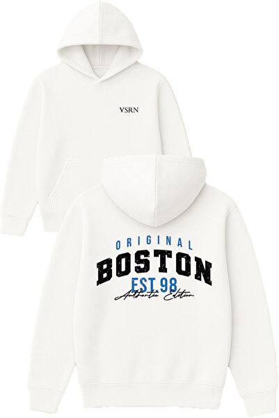 VSRN Hanorac alb supradimensionat cu glugă, cu imprimeu original Boston