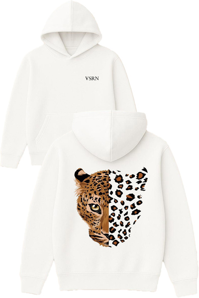 VSRN Hanorac alb supradimensionat cu glugă, cu imprimeu leopard și design cu ...