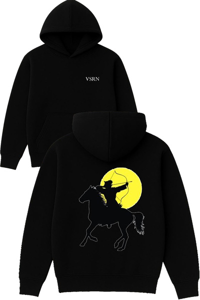 VSRN سترة رياضية بتصميم atlı archer مطبوع قصة فضفاضة باللون الأسود بغطاء رأس