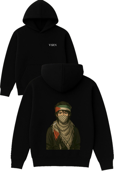 VSRN Hanorac negru supradimensionat cu glugă, cu imprimeu design Palestinian Man