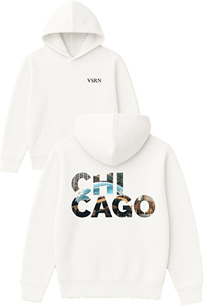 VSRN شيكاغو وورلد ديزاين مطبوع قصة فضفاضة سويت شيرت أبيض بغطاء رأس