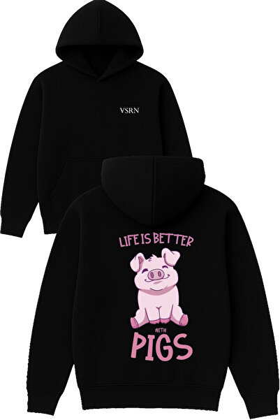 VSRN الحياة أفضل مع الخنازير تصميم مطبوع قصة فضفاضة سويت شيرت أسود بغطاء رأس