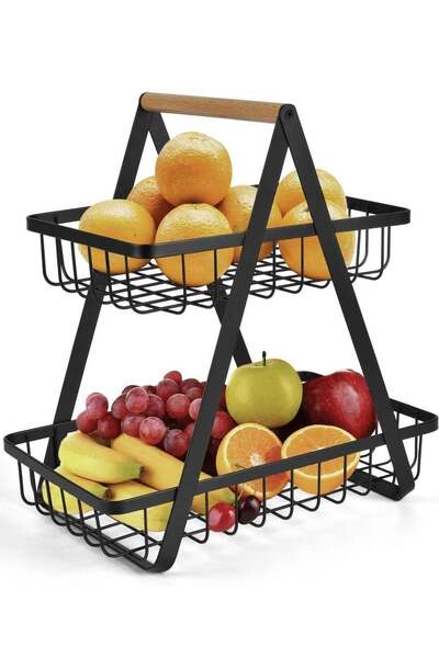 Generic سلة فواكه من ليموس، مكونة من طبقتين، ورف خضراوات، وحامل عرض خبز للمطبخ، باللون الأسود