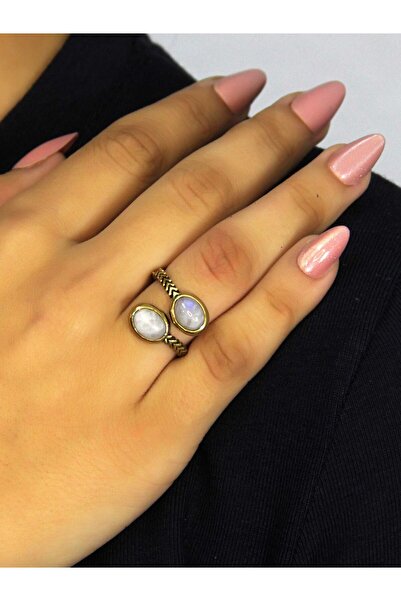 esha Natural Stone Moonstone Antique Model Women's Adjustable Ring with Double Natural Stones Euy75Ay