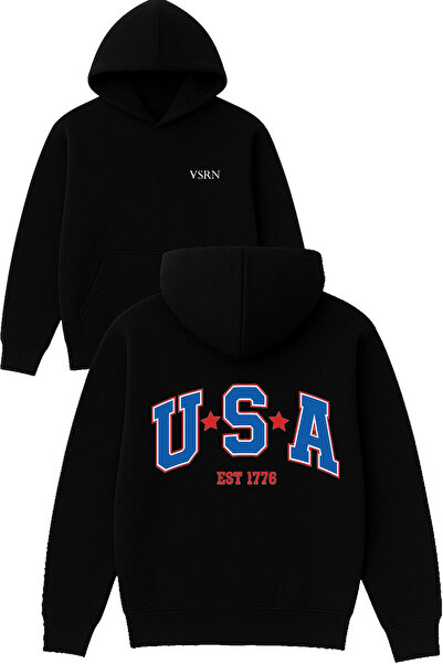 VSRN usa est 1776 Design مطبوع قصة فضفاضة سويت شيرت أسود بغطاء رأس