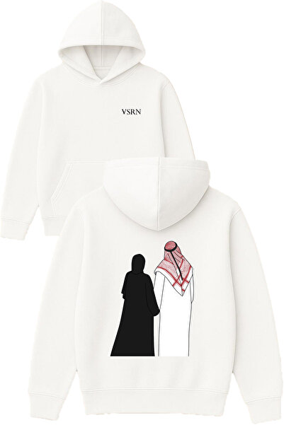 VSRN تصميم العائلة السعيدة مطبوع قصة فضفاضة سويت شيرت أبيض بغطاء رأس