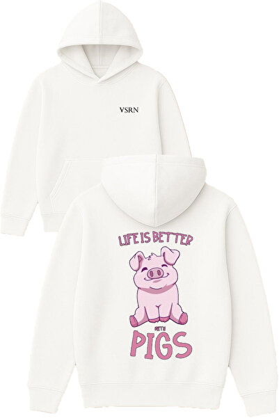 VSRN Viața e mai bună cu porci Hanorac alb supradimensionat cu glugă și impri...