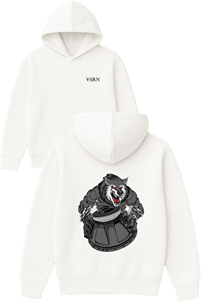 VSRN Hanorac alb supradimensionat cu glugă, imprimat cu design Chain Wolf
