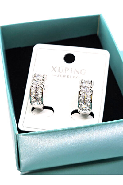 XUPING JEWELRY White Gold Color Diamond Look Stone Hoop Earrings |   Xp Printed 316L Steel