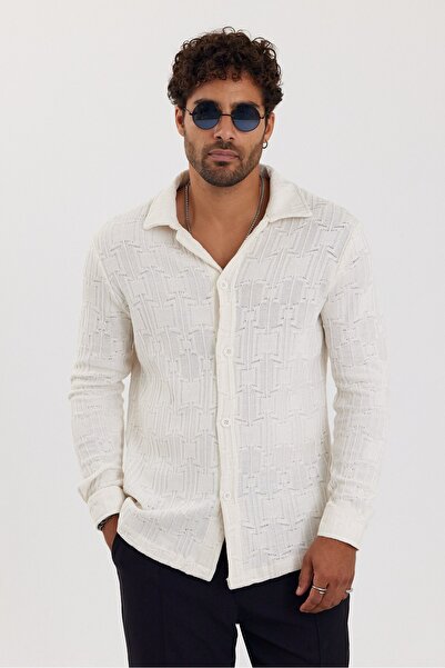 İLKCET MODA Jacquard White Men's Regular Patterned Shirt