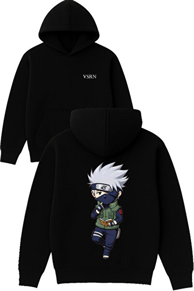 VSRN تصميم أنيمي ذو شعر رمادي مطبوع قصة فضفاضة أسود بغطاء رأس سويت شيرت