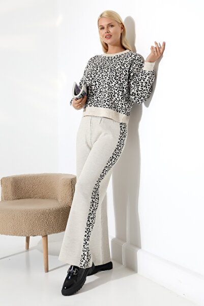 aytenli Round Neck Fits up to Size S XL Standard Size Leopard Print Knitwear Sweater Pants Practical Set
