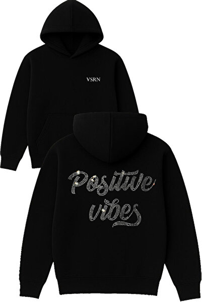 VSRN تصميم الإيجابيات مطبوع قصة فضفاضة سويت شيرت أسود بغطاء رأس