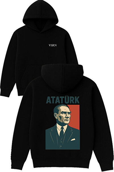 VSRN Poster Ataturk Design imprimat Hanorac negru supradimensionat cu glugă