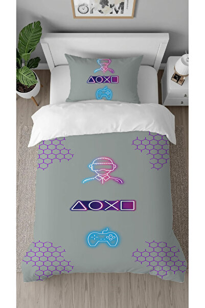 GREENDECOR Gamer Level up Game Xo Patterned Printed Special Design Modern Stylish Style Children's Duvet Cover Set Without Sheets