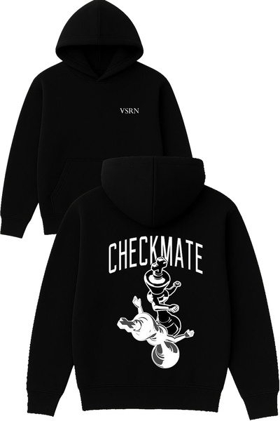 VSRN تصميم تشيكميت ساتانش مطبوع قصة فضفاضة سويت شيرت أسود بغطاء رأس