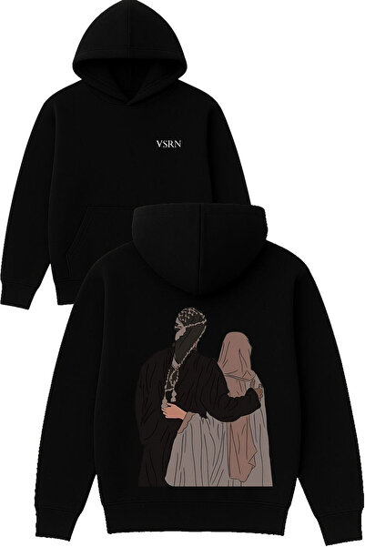 VSRN تصميم زوجي جميل وسعيد مطبوع قصة فضفاضة سويت شيرت أسود بغطاء رأس