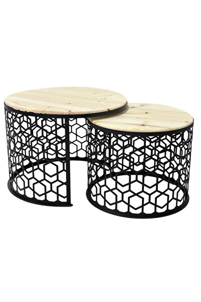 buz Set de măsuțe de cafea rotunde, 2 piese, cu blat din lemn, extensibile