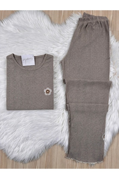 Pijamacs Mink Cotton Collar and Leg Flower Detail Lace-Like Knit /Perforated Long Sleeve Pajama Set