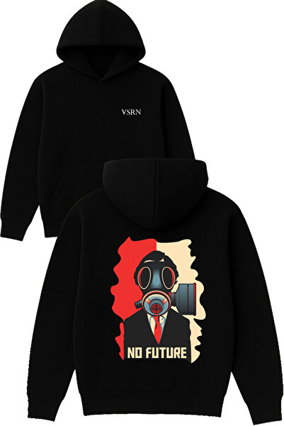 VSRN لا يوجد مستقبل تصميم مطبوع قصة فضفاضة سويت شيرت أسود بغطاء رأس