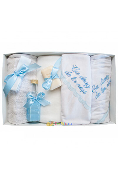 OEM Set botez 7 piese personalizat cu broderie „Cu dragoste de la nași” Alb-Albastru - TPB-35