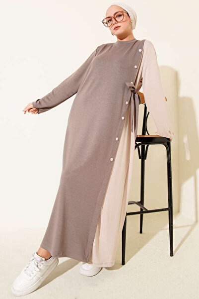 Balmoda Düğmeli Yandan Bağlamalı Bisiklet Yaka Elbise Vizon