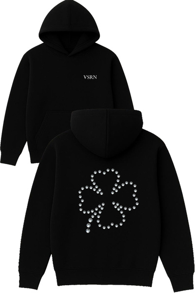 VSRN تصميم دايموند كلوفر مطبوع قصة فضفاضة سويت شيرت أسود بغطاء رأس
