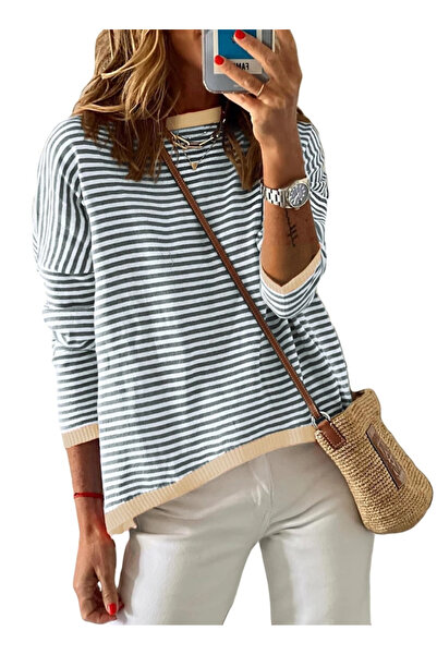 Dokotoo Bluză lejeră cu mânecă lungă, albă cu dungi gri, mărimea L