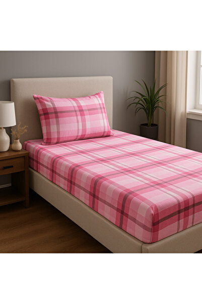 CollessiaHome 100% Cotton Poplin Plaid Patterned Single Fitted Sheet Set Sheet Set