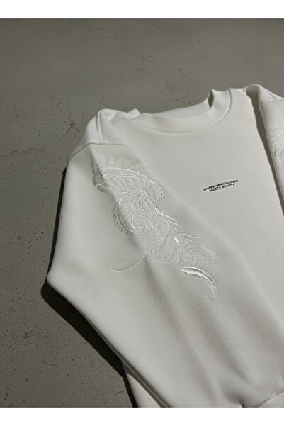 Jua Vibes Sleeve Embroidery Detailed 3-String Drawstring Sweatshirt Fleece-Lined