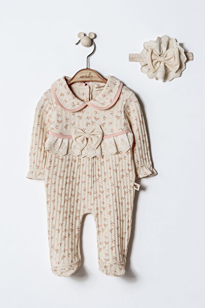 MİNİBORN New Born Girl Long Sleeve Printed Flower Ecru Roba Fisto Jumpsuit Set