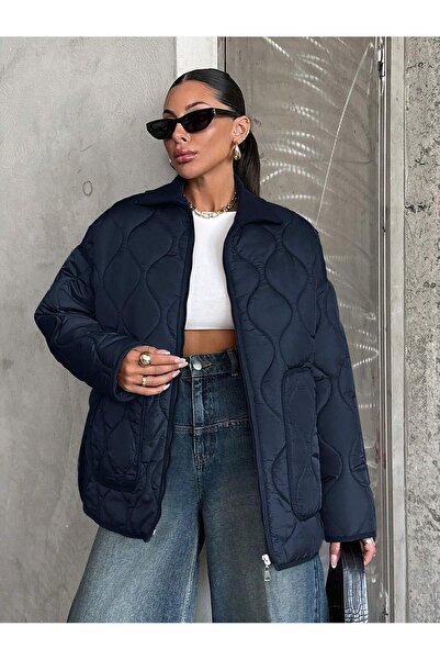 BORCKA TEKSTİL Lacivert Kapitone Desenli Geniş Yaka Kadın Mont
