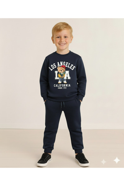 LİTTLE TORTOİSE Boy's Blue Sonic Printed Long Sleeve 3 Thread Shardedon Winter Sweatshirt / Tracksuit Set