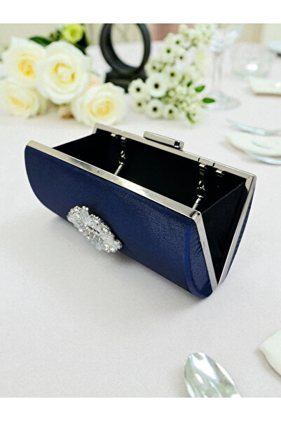 Biçanta Синя кришталева сумочка з атласу з срібними камінцями, металева ручка, елегантність