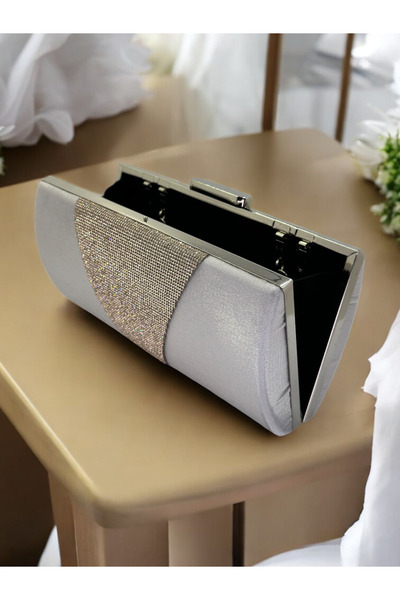 Biçanta Silver Grey Crystal Stone Satin Evening Dress Bag, Elegance with Metal Handle