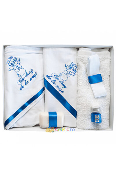 OEM Set botez 6 buc, broderie personalizată „Cu dragoste de la nași” - Înger - Alb-Albastru - TPB-04