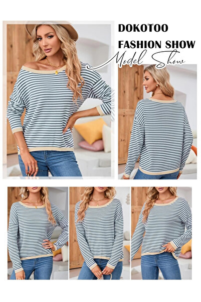 Dokotoo Loose long-sleeved blouse, white with gray stripes S