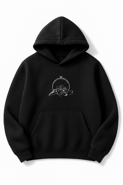 Altair Tr سويت شيرت أسود قصة فضفاضة للجنسين موديل مطبوع بغطاء رأس