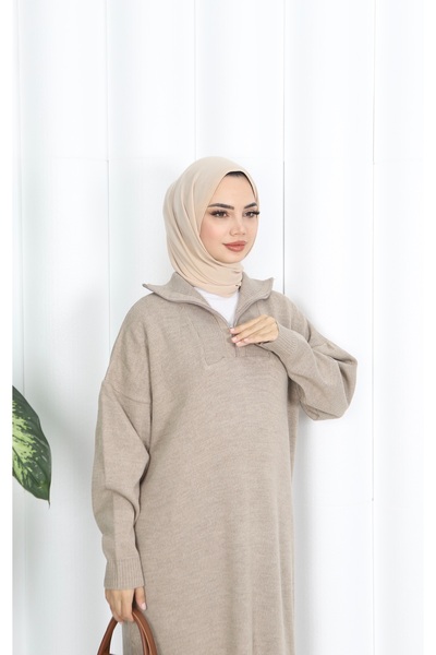 NİSUM MODA Corded Fabric Zippered Knitwear Dress