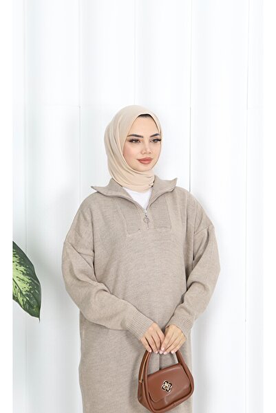 NİSUM MODA Corded Fabric Zippered Knitwear Dress