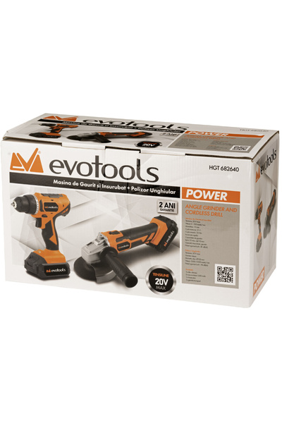 Evotools Kit Drill and Screwdriver and Angle Grinder with 2 Batteries and Charger MAX 20V POWER