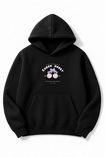 Altair Tr سويت شيرت أسود قصة فضفاضة للجنسين تشيري مطبوع بغطاء رأس