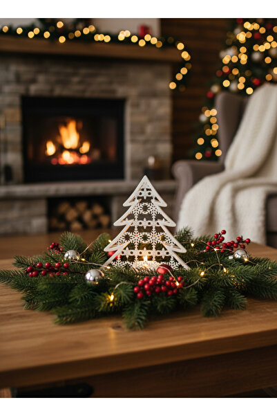 Christmas Serisi Glass Tree Mumluk - Snow Aydınlatma - Ev Dekorasyon - Dekoratif Beyaz Mumluk
