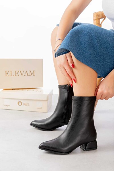 ELEVAM Kadın Günlük Streç Sivri Burun Suni Deri Bot