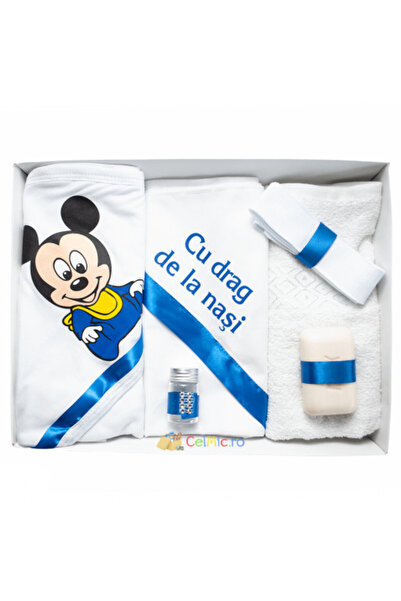 OEM Set personalizat pentru botez, format din 6 piese - „Cu dragoste de la nași” - Mickey Mouse - Alb și electric