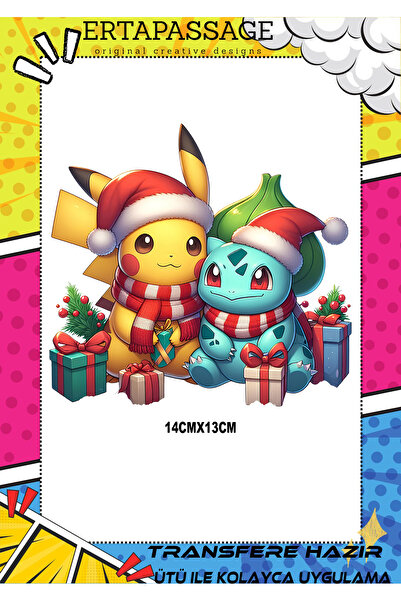 ErTaPassage Pikaçu Yılbaşı Noel Transfer Baskı – Ütüyle Yapışan – Tişört İçin...