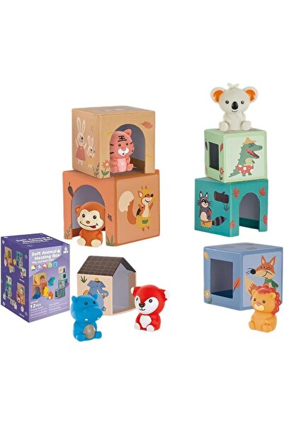 buz Montessori Tower, 6 cardboard cubes, stackable with shapes, numbers and animals, 3 years