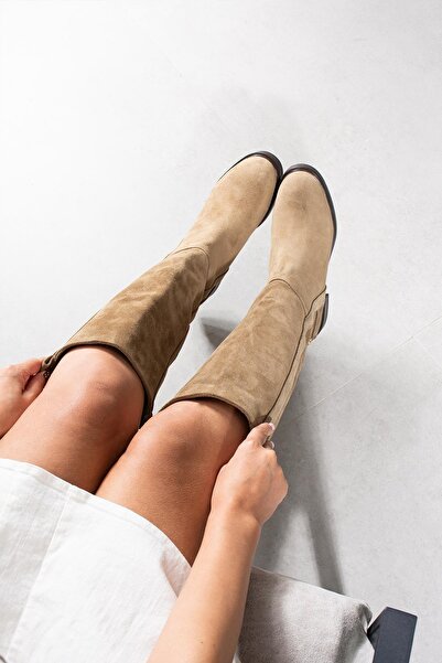 FSKOMBİN Floor Boz Gri Hakiki Süet Kalın Düz Taban Kadın Çizme